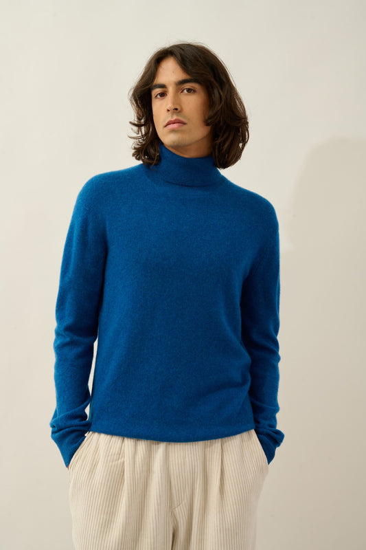 bange pull col roulé bleu chiné 100% cachemire