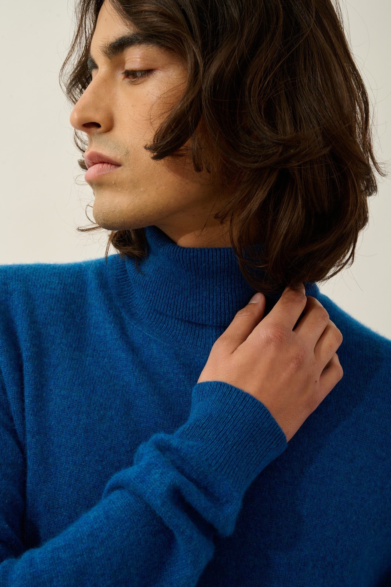 bange pull col roulé bleu chiné 100% cachemire