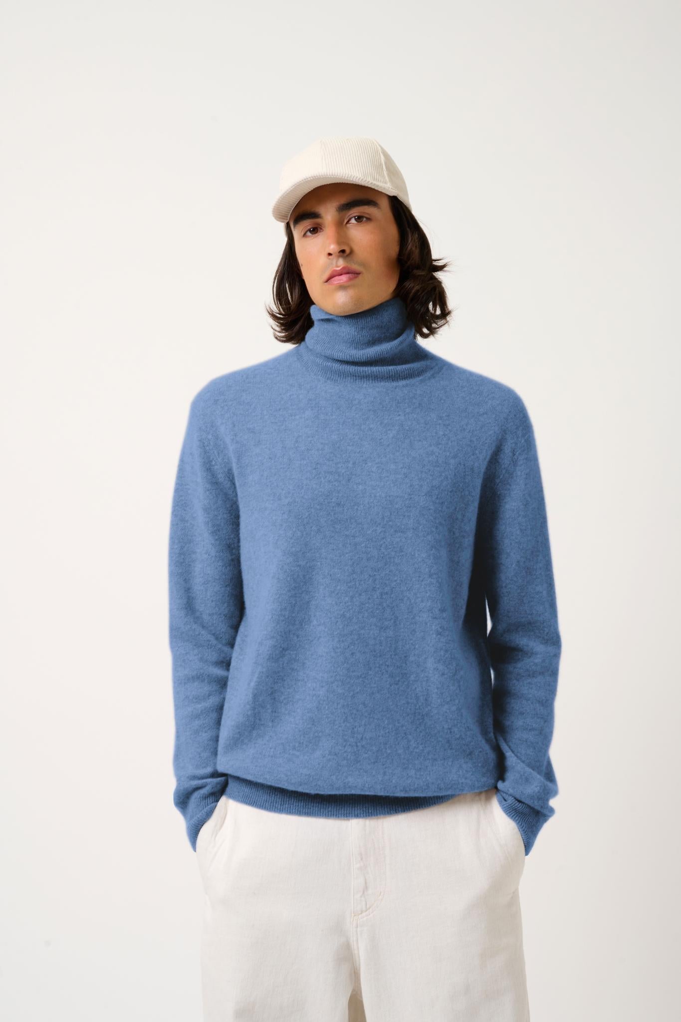 BANGE pull col roulé bleu denim 100% cachemire