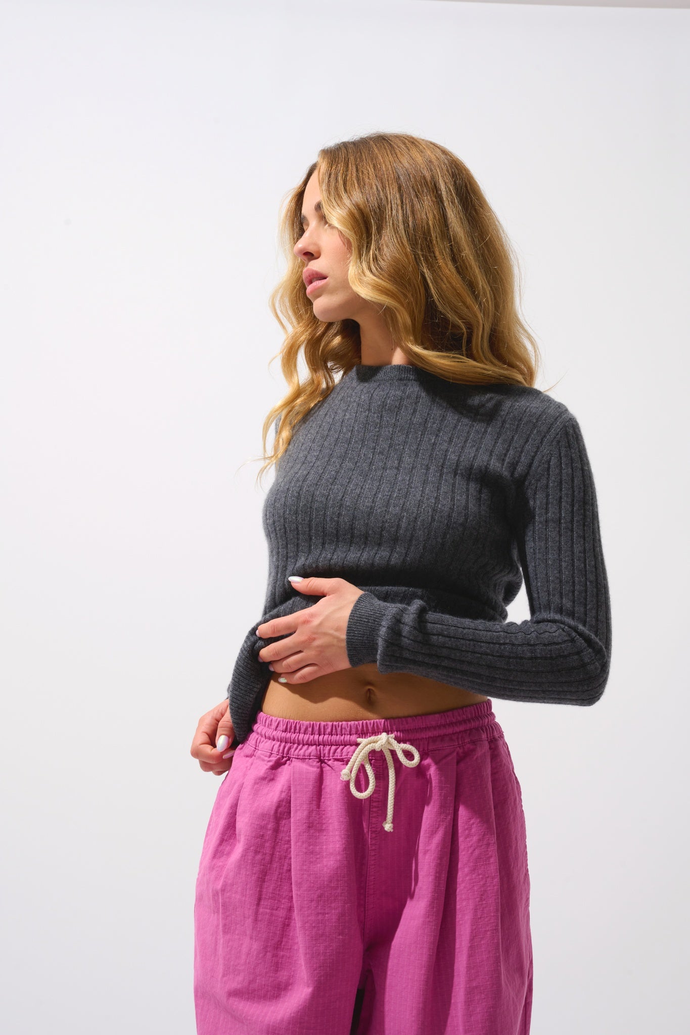 BELLA Pullover mit Rundhalsausschnitt anthrazit meliert 100% Kaschmir