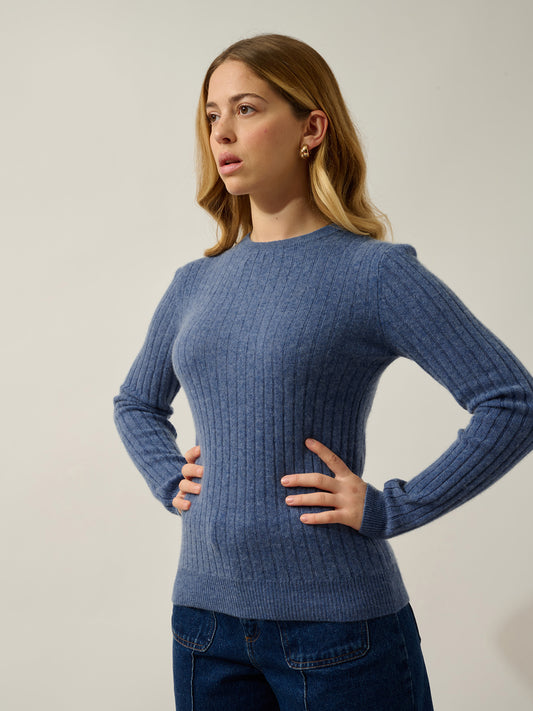 BELLA denim blue round-neck sweater 100% cashmere