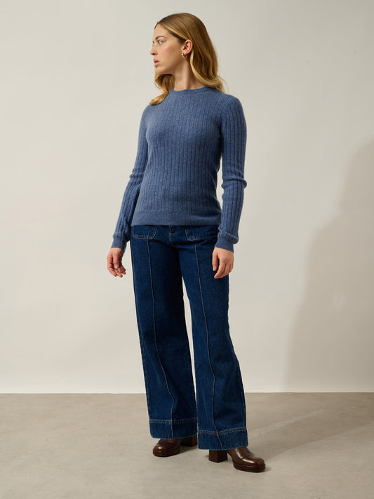 BELLA denim blue round-neck sweater 100% cashmere