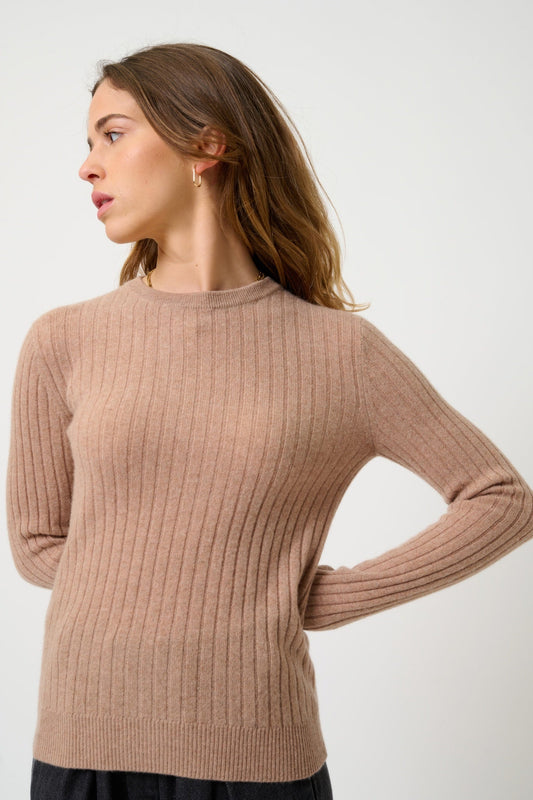 BELLA pull col rond camel chiné 100% cachemire