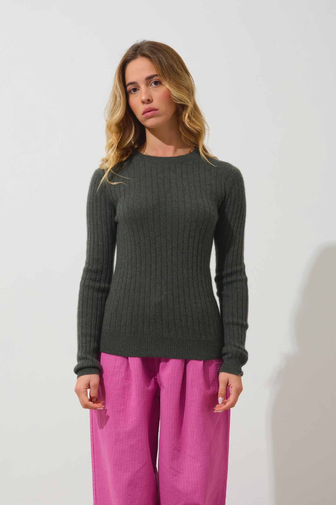 BELLA Pullover mit Rundhalsausschnitt khaki meliert 100% Kaschmir