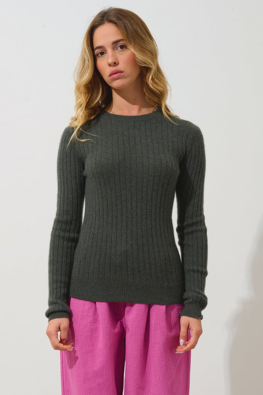 BELLA khaki mottled round-neck sweater 100% cashmere