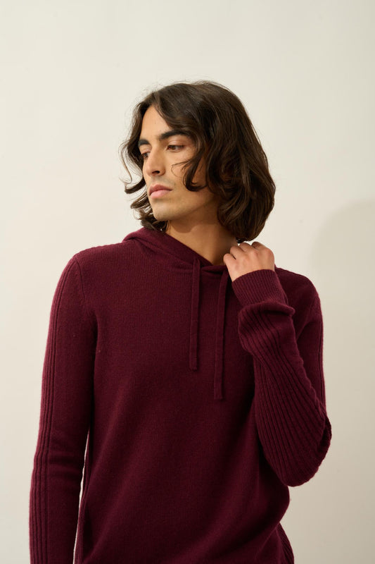 BENDT pull capuche 4 fils mûre 100% cachemire