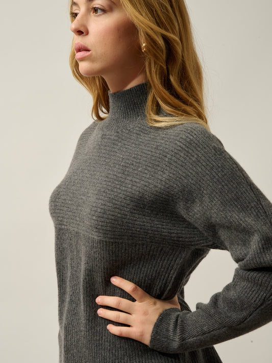 BENEDICTE pull col montant anthracite chiné 100% cachemire