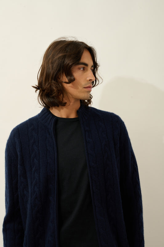 BERTIL gilet zippé col camionneur 6 fils navy 100% cachemire