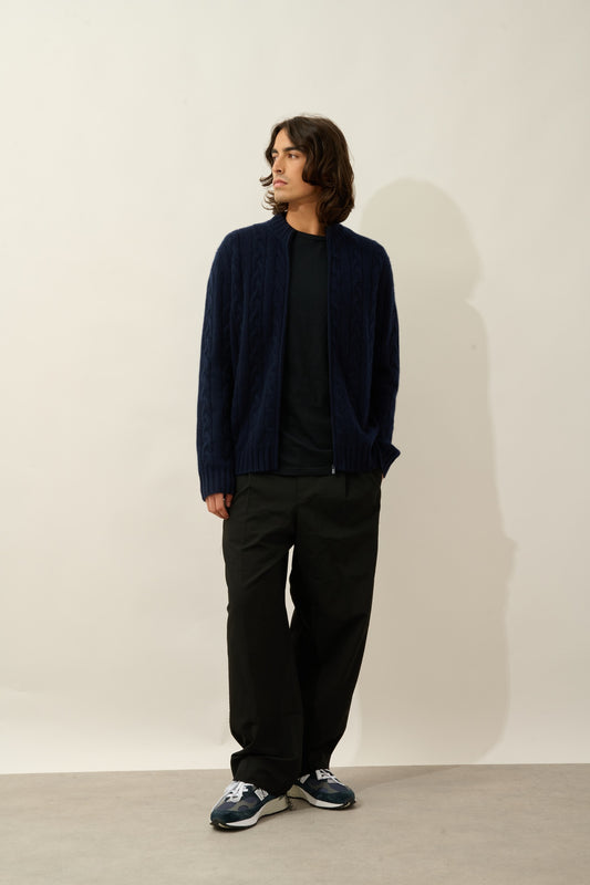 BERTIL gilet zippé col camionneur 6 fils navy 100% cachemire