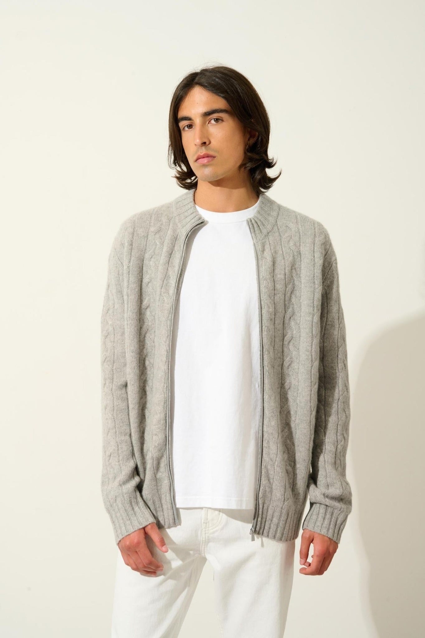 BERTIL zipped cardigan with trucker collar 6 threads nuage chiné 100% cashmere