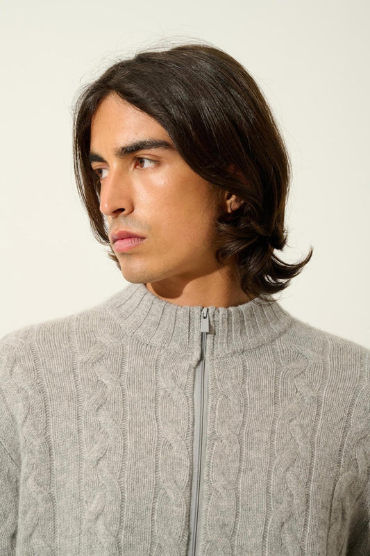 BERTIL zipped cardigan with trucker collar 6 threads nuage chiné 100% cashmere
