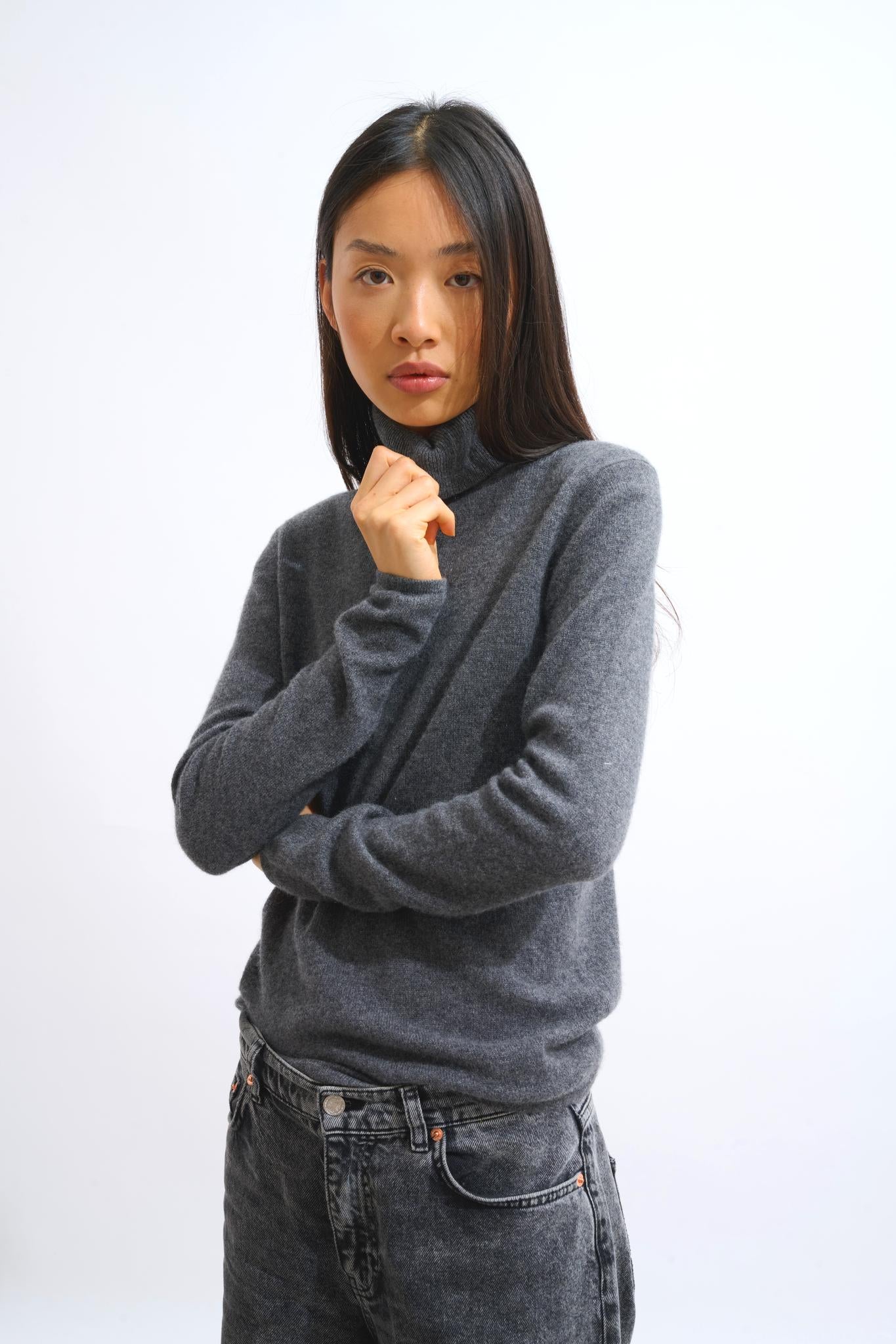 BISE Anthrazit meliert Rollkragenpullover 100% Kaschmir