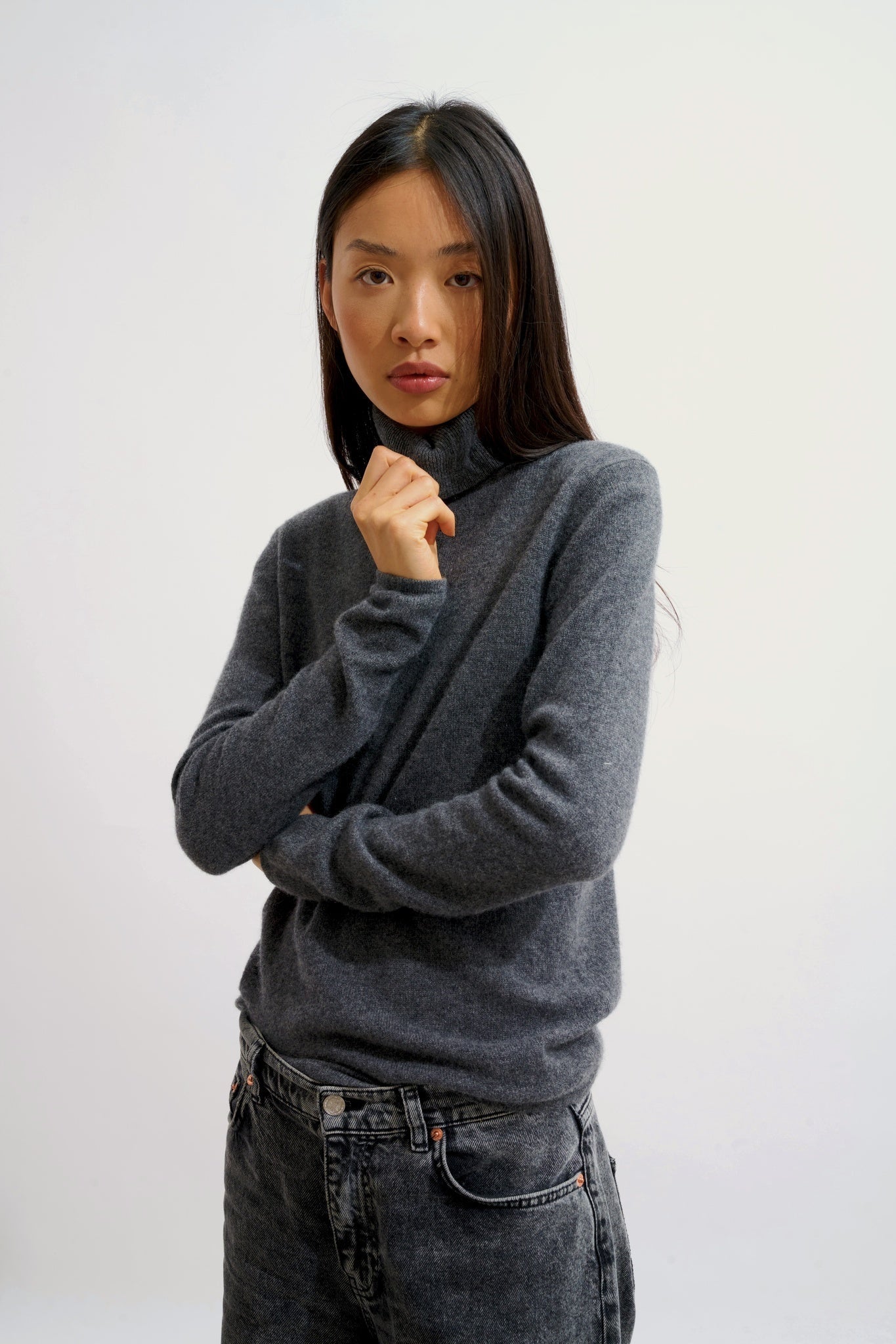 BISE Anthrazit meliert Rollkragenpullover 100% Kaschmir