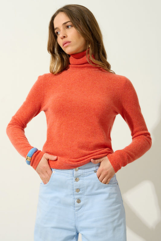 BISE pull col roulé orange chiné 100% cachemire