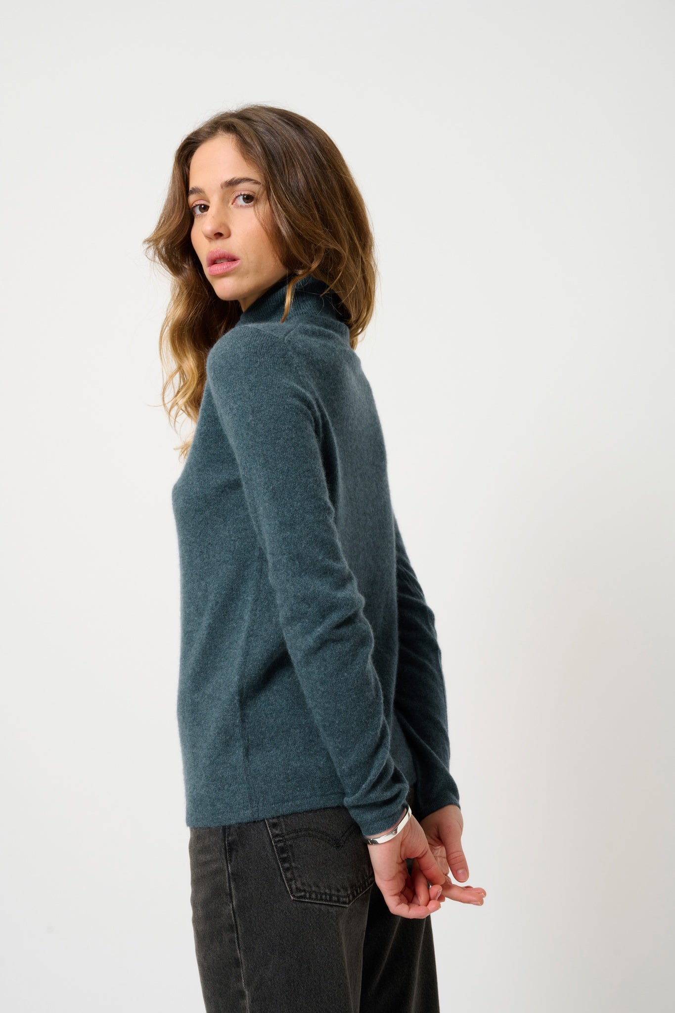 BISE pull col roulé vert canard chiné 100% cachemire