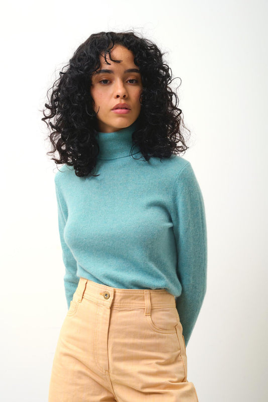 BISE mottled green turtleneck sweater 100% cashmere