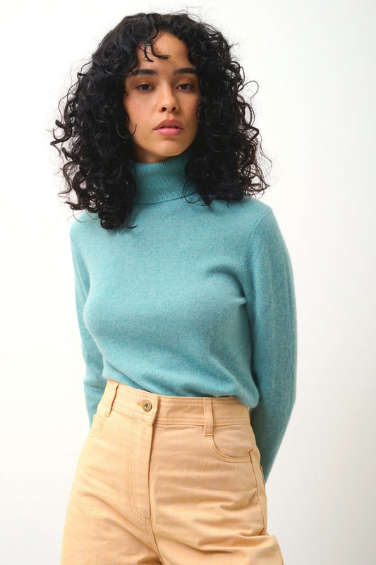 BISE mottled green turtleneck sweater 100% cashmere