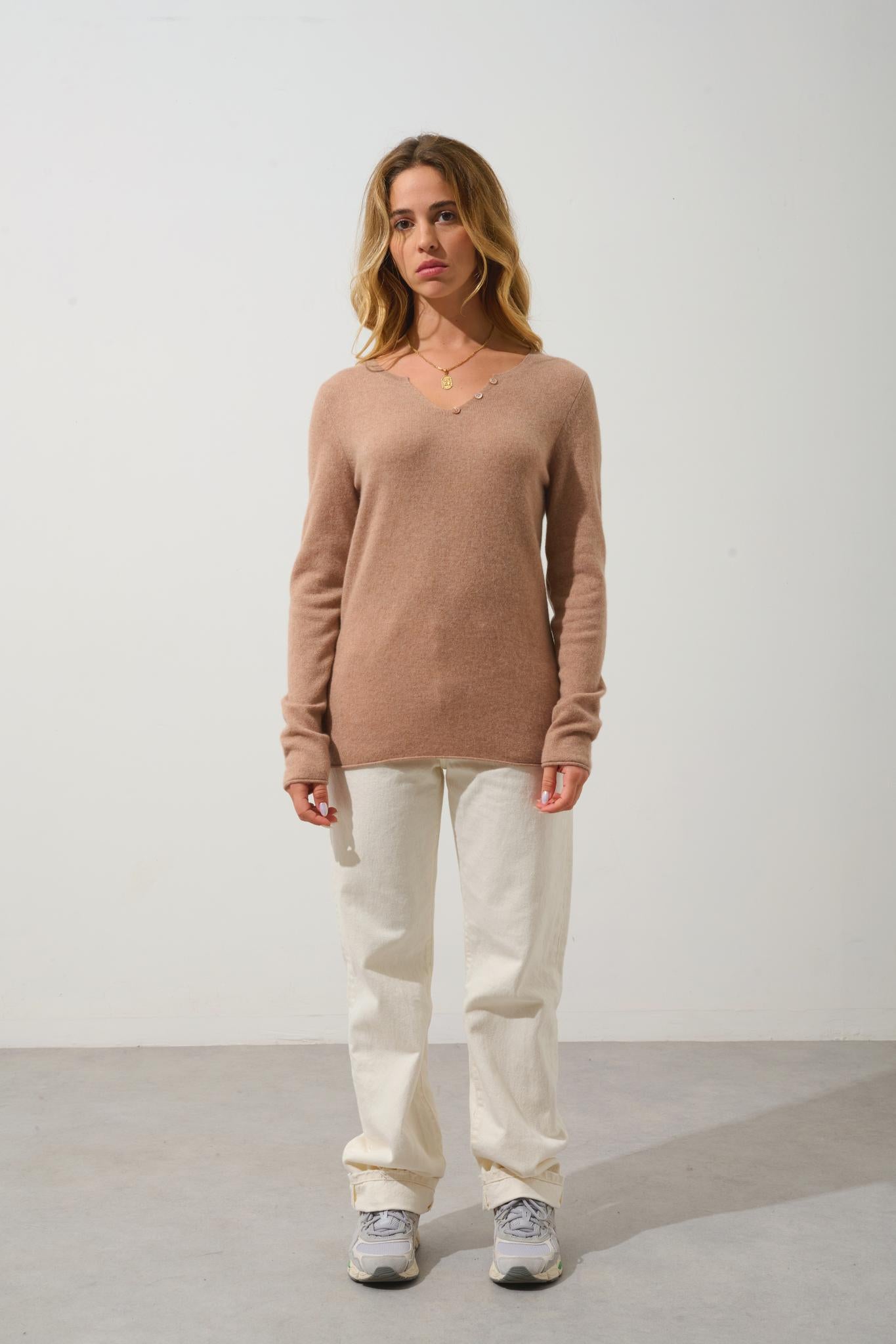 BODMIN pull col tunisien camel chiné 100% cachemire