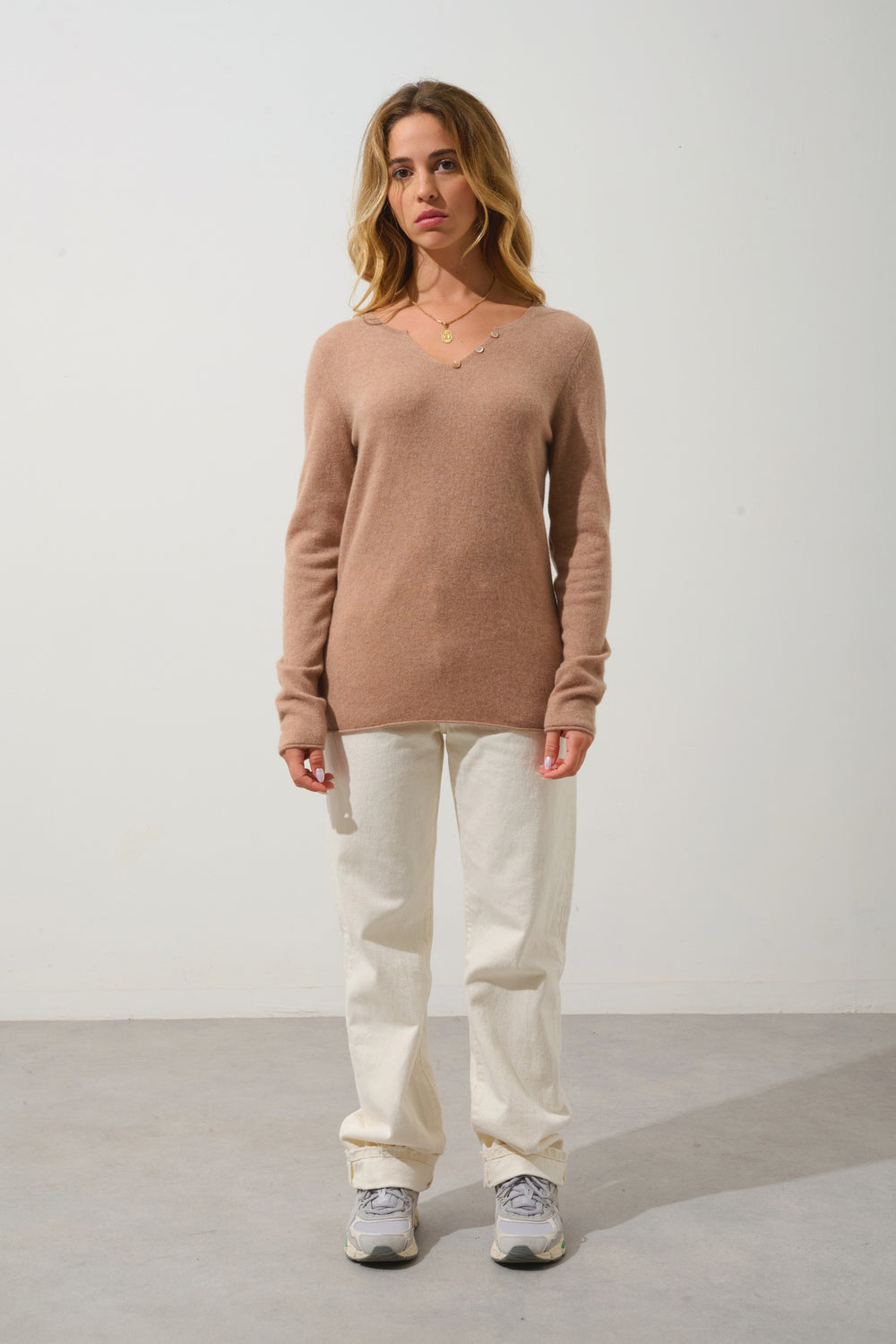 BODMIN Pullover mit Tunika-Kragen camel meliert 100% Kaschmir