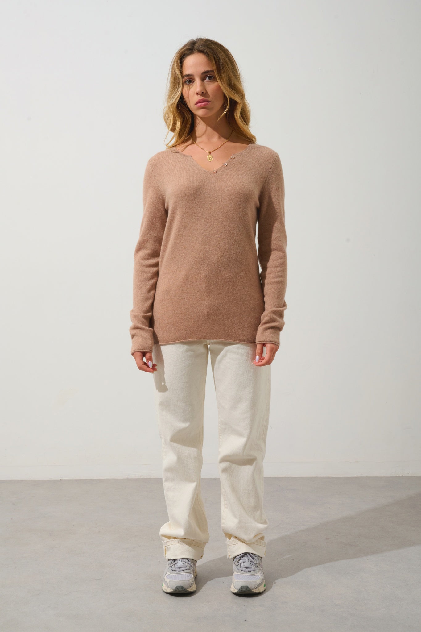 BODMIN Pullover mit Tunika-Kragen camel meliert 100% Kaschmir