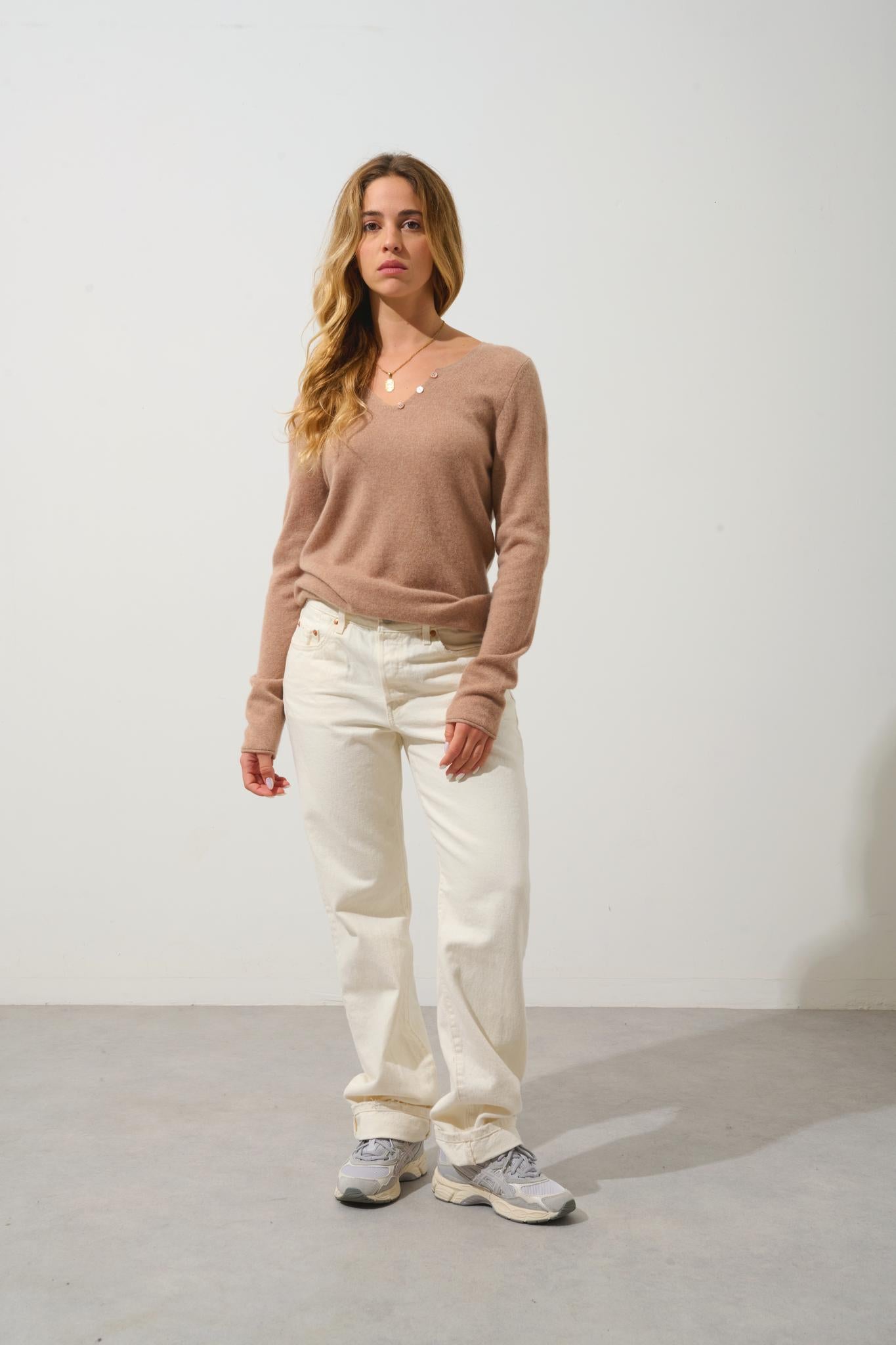 BODMIN pull col tunisien camel chiné 100% cachemire