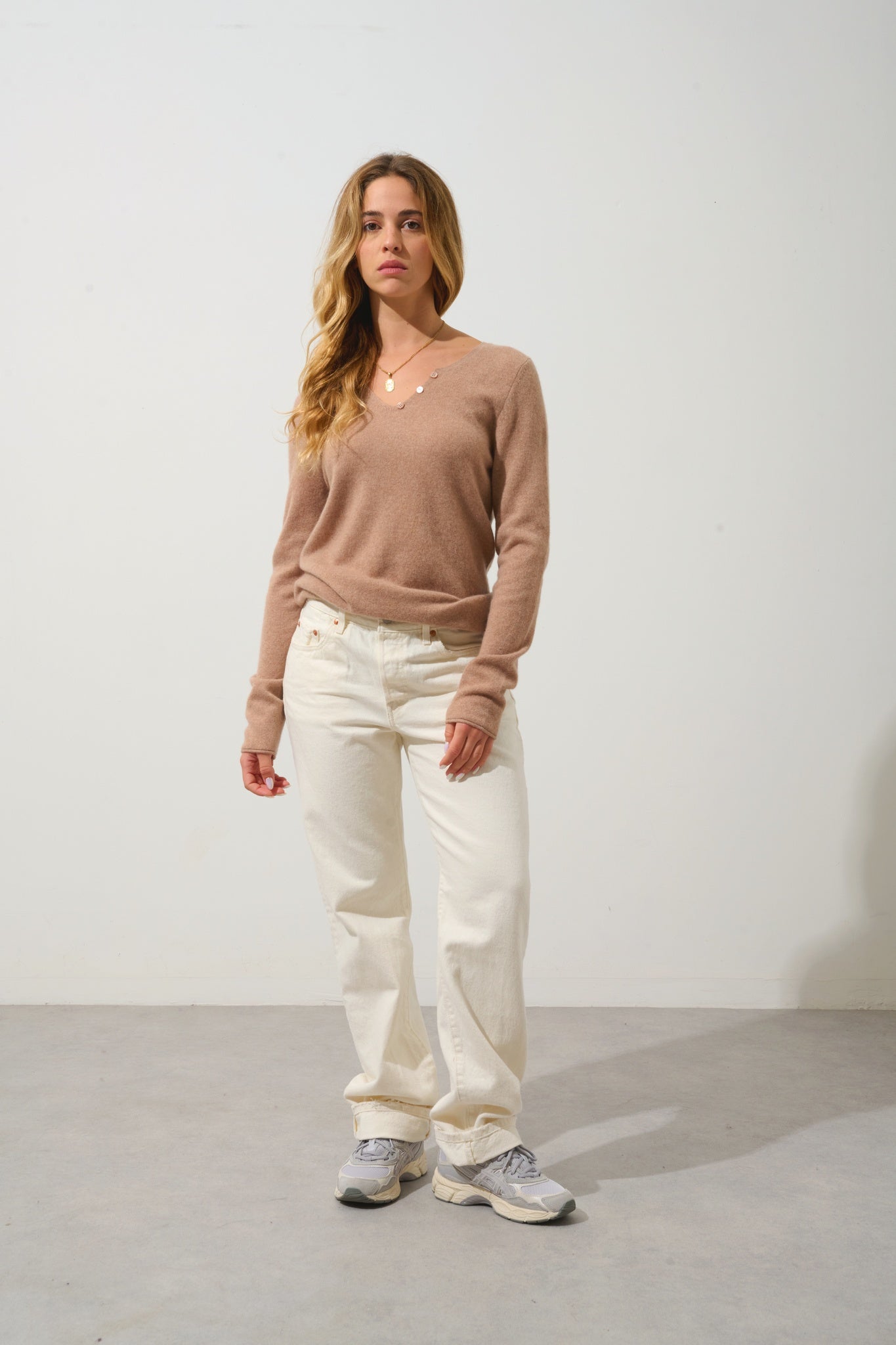 BODMIN Pullover mit Tunika-Kragen camel meliert 100% Kaschmir