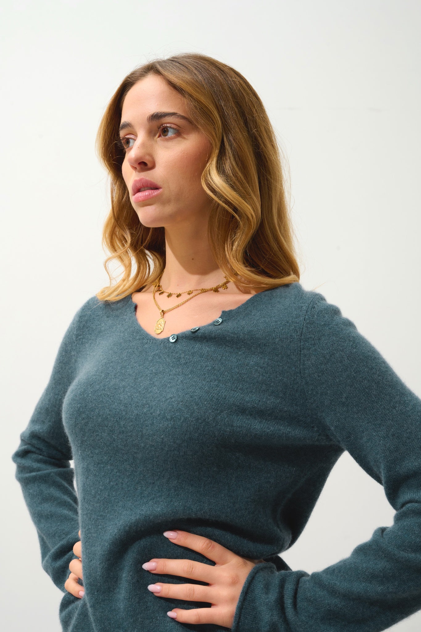 BODMIN pull col tunisien vert canard chiné 100% cachemire