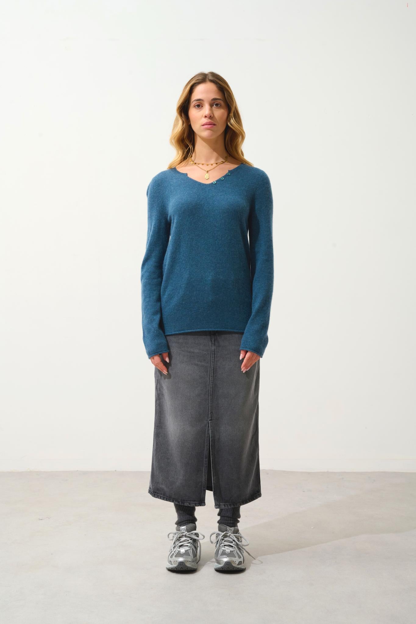 BODMIN pull col tunisien vert canard chiné 100% cachemire