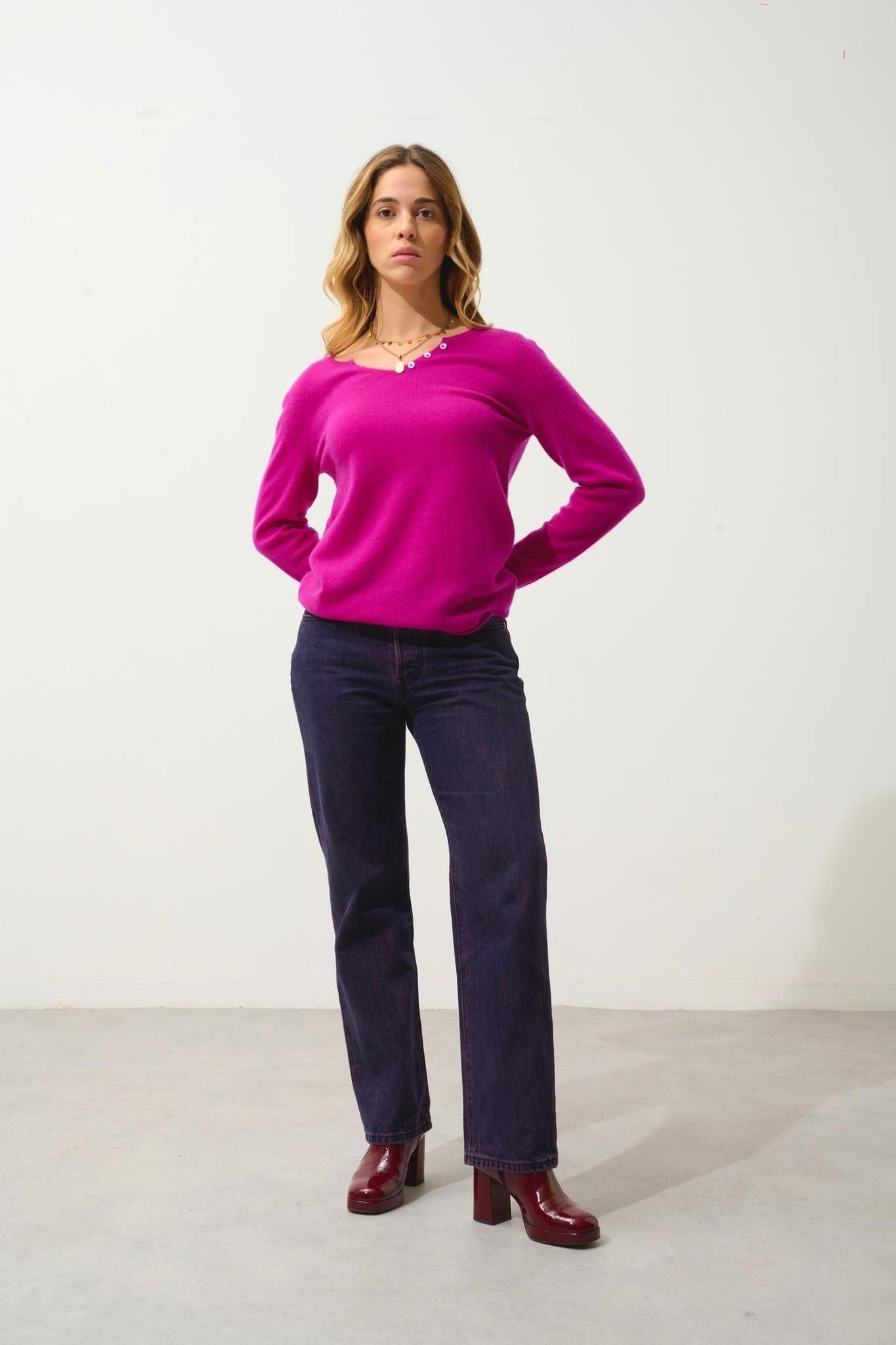 BODMIN 100% cashmere tunisian collar sweater in violet