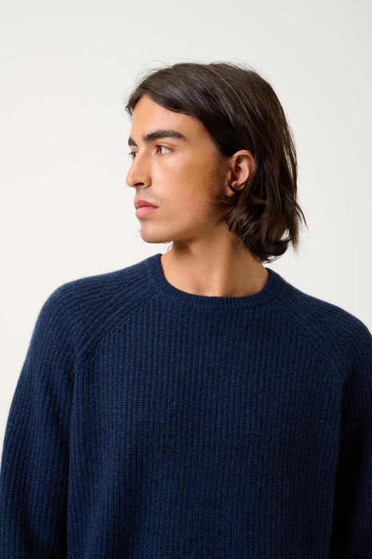 CABANES 4-thread mottled blue round-neck sweater 100% cashmere