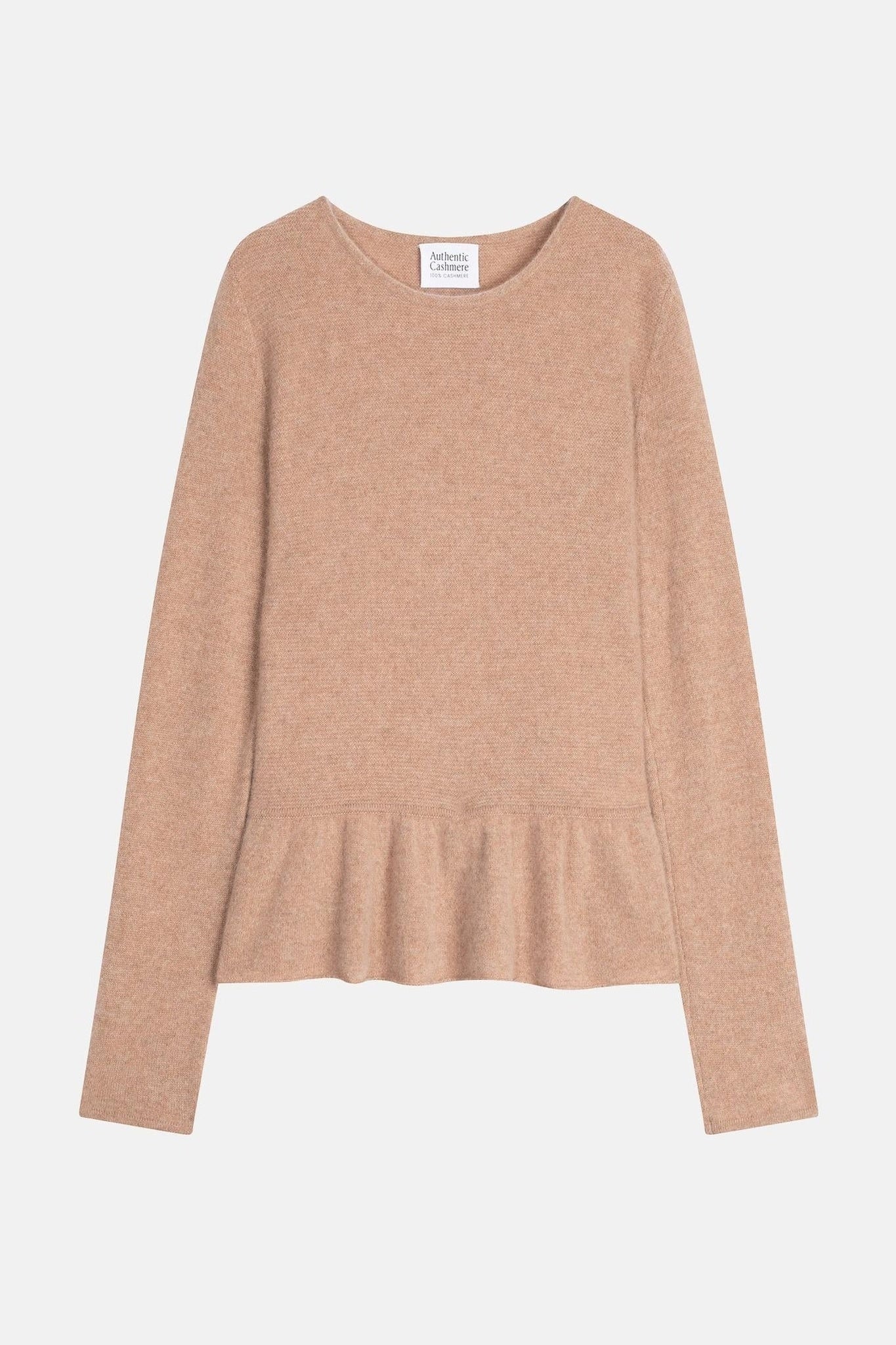 CADAIR camel mottled round-neck sweater with ruffled bottom 100% cashmere