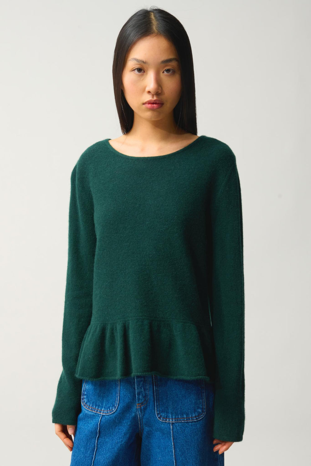 CADAIR Pullover mit Rundhalsausschnitt und Rüschen unten Zypresse 100% Kaschmir