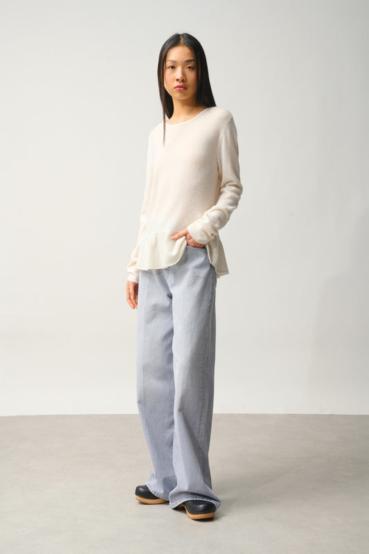 CADAIR pull col rond bas volanté ivoire 100% cachemire