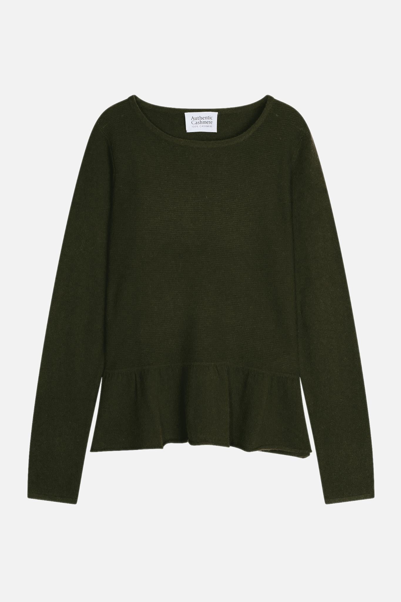 CADAIR khaki round-neck sweater with ruffled bottom 100% cashmere
