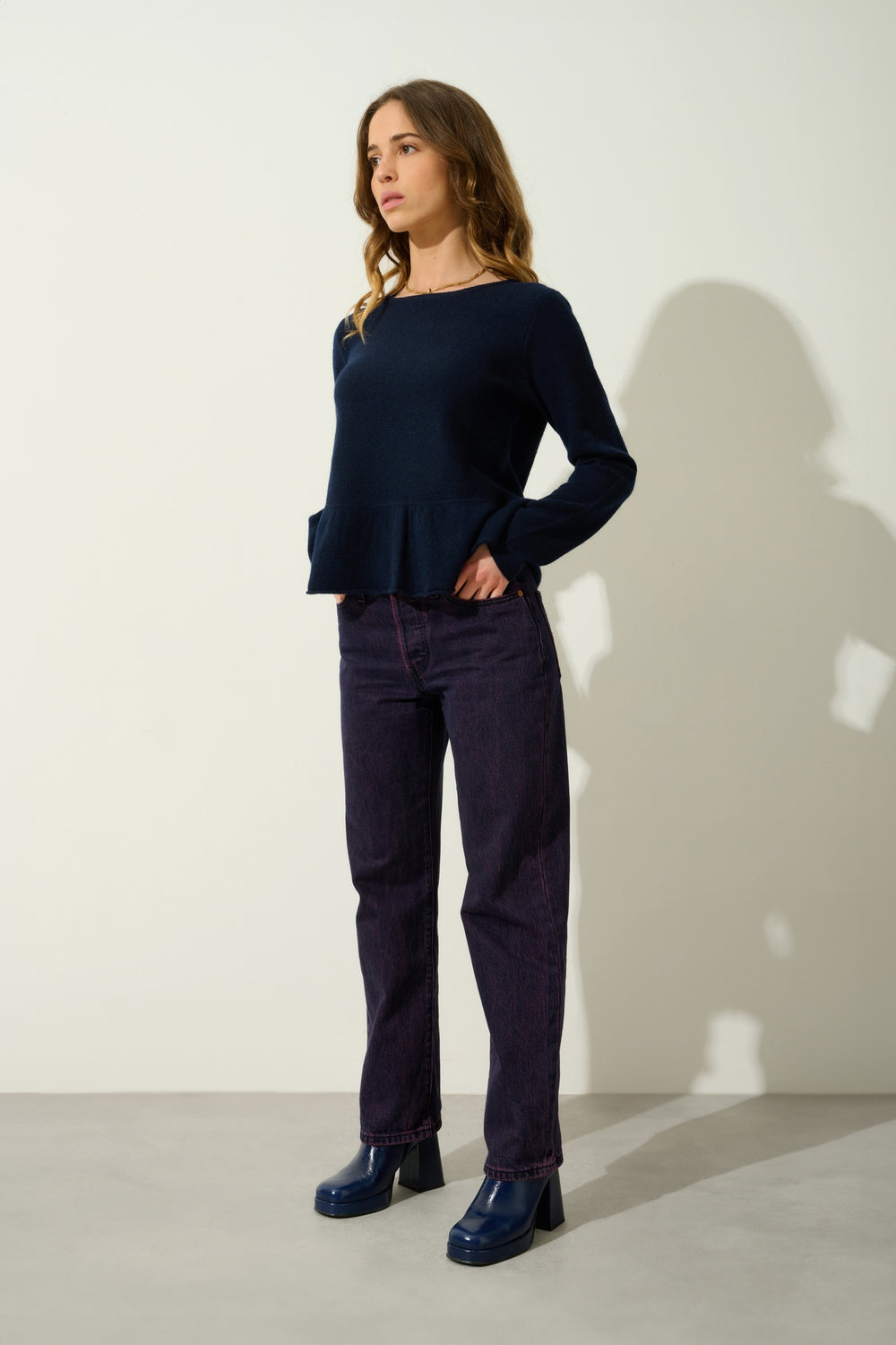 CADAIR pull col rond bas volanté navy 100% cachemire