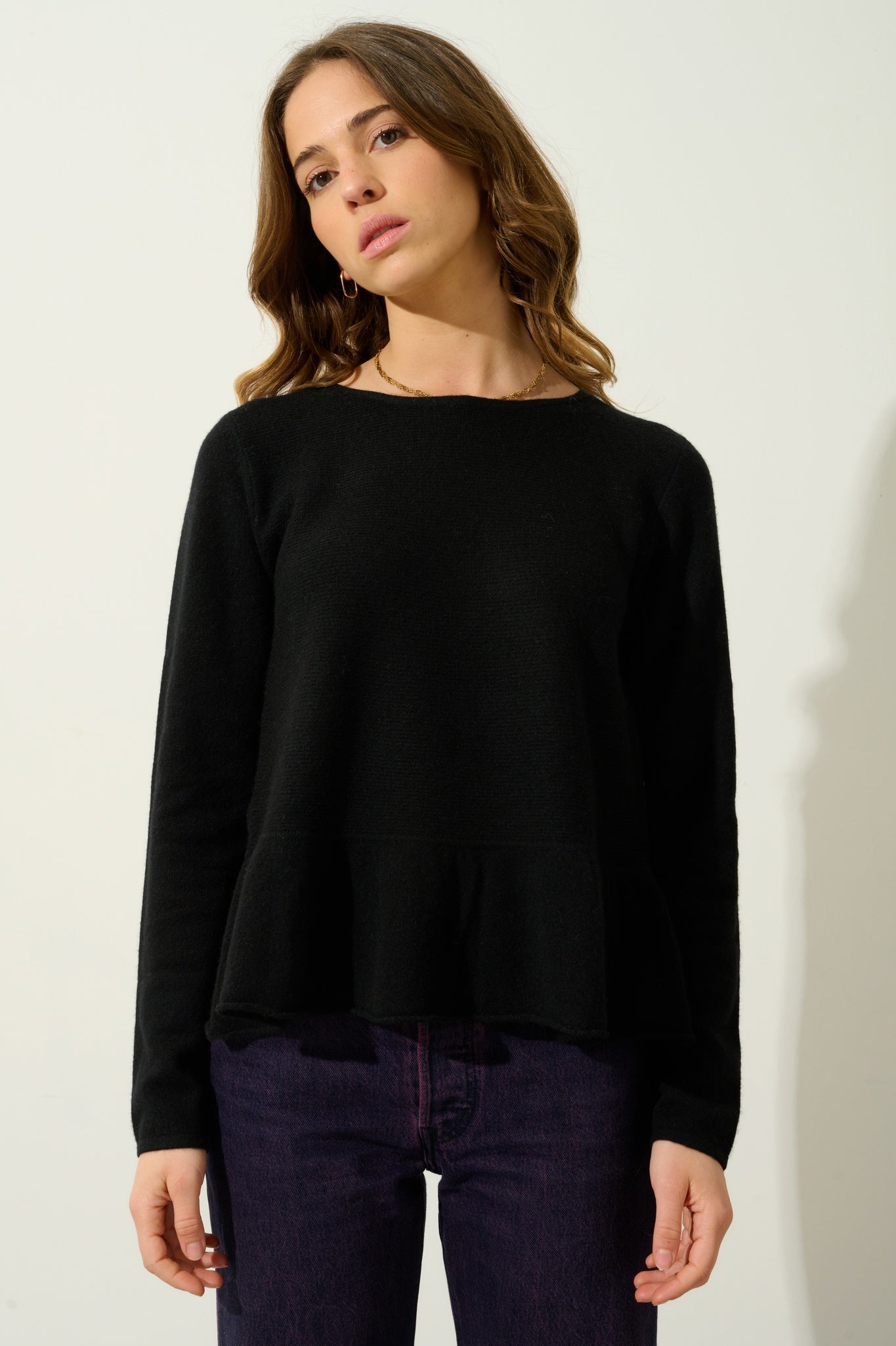 CADAIR Pullover Rundhalsausschnitt Rüschenstrumpf schwarz 100% Kaschmir