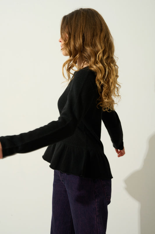 CADAIR Pullover Rundhalsausschnitt Rüschenstrumpf schwarz 100% Kaschmir