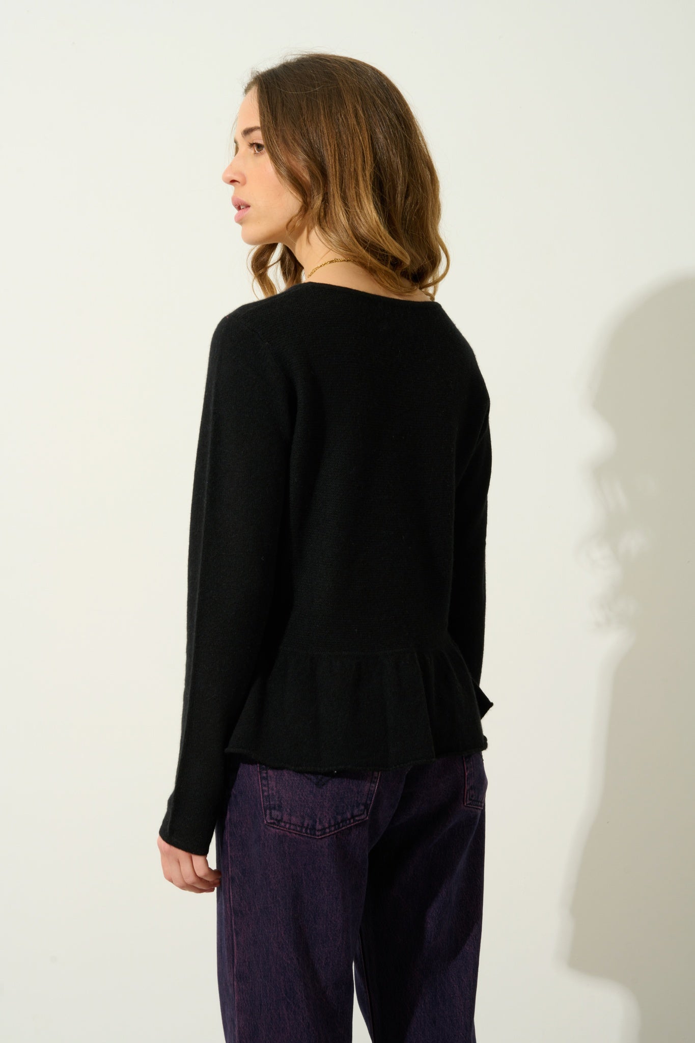 CADAIR Pullover Rundhalsausschnitt Rüschenstrumpf schwarz 100% Kaschmir