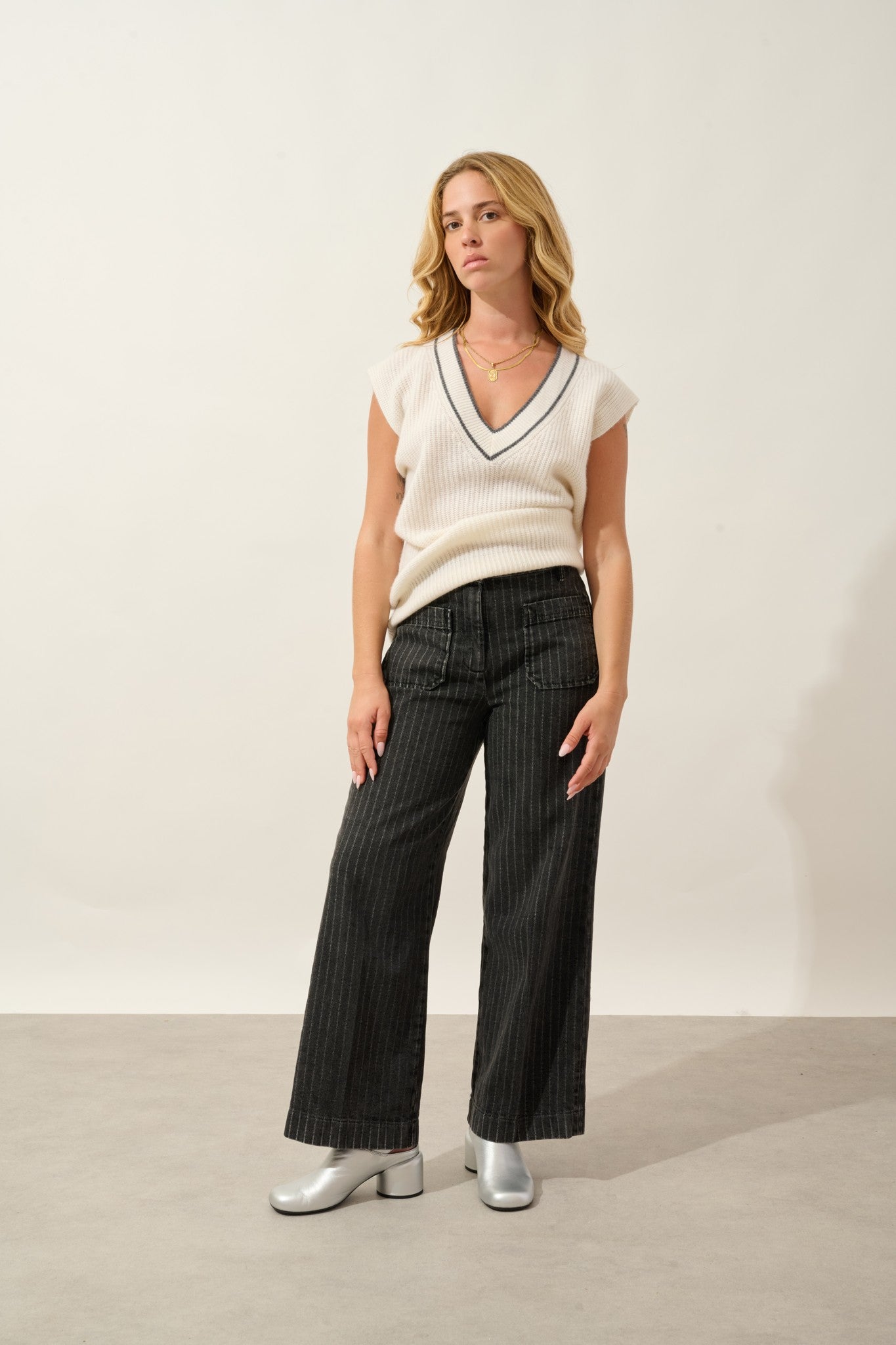 cami pull col v sans manches 4 fils bi-color neige_anthracite chiné 100% cachemire