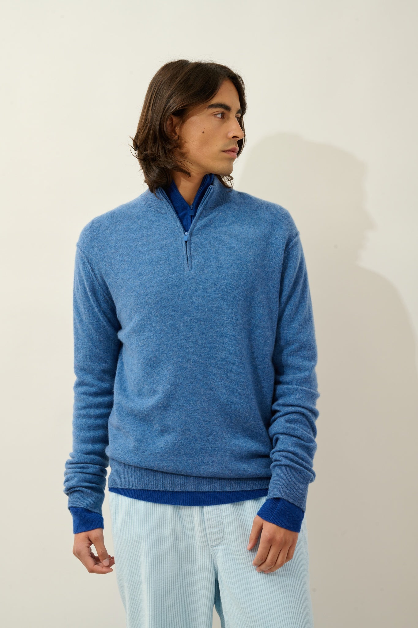 CANDICE pull camionneur bleu denim 100% cachemire