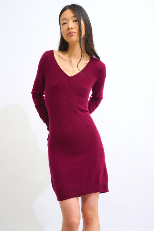 CAPELET burgundy v-neck dress 100% cashmere