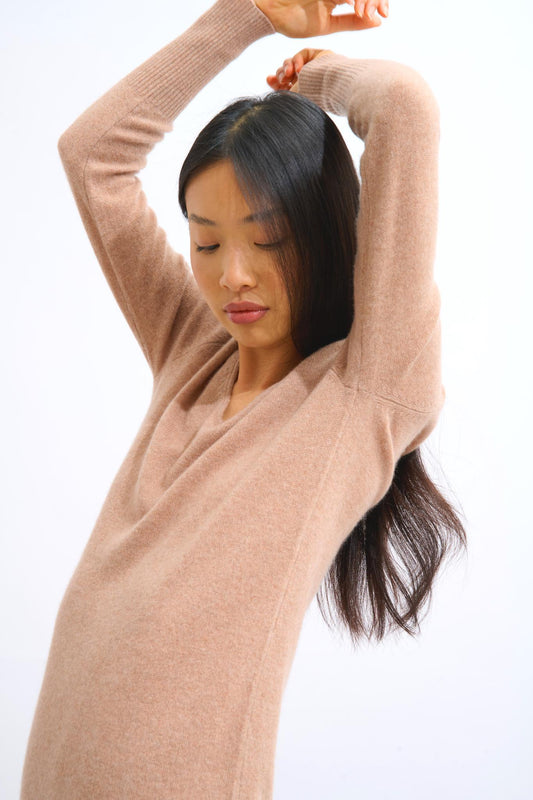 CAPELET v-neck dress camel mottled 100% cashmere