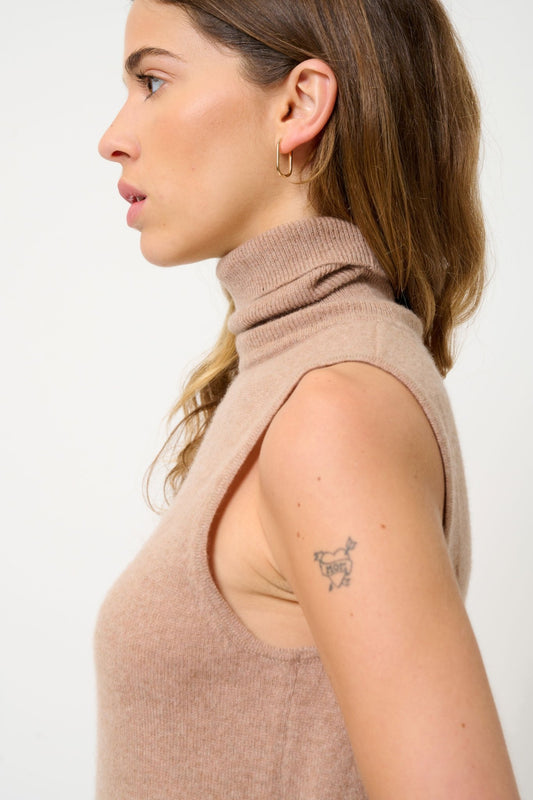 CAPUCIN sleeveless turtleneck sweater camel mottled 100% cashmere