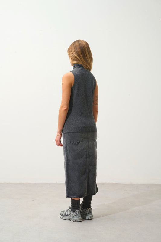 CAPUCIN pull col roulé sans manches anthracite chiné 100% cachemire