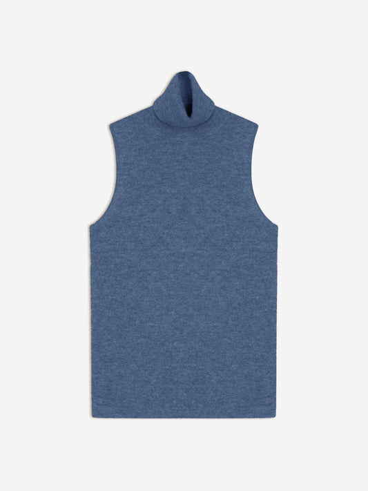 capucin pull col roulé sans manches bleu denim 100% cachemire