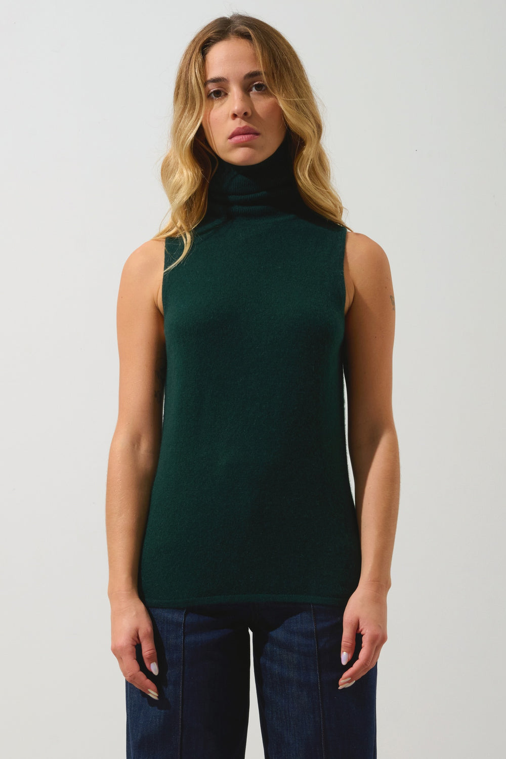 CAPUCIN ärmelloser Rollkragenpullover Zypresse 100% Kaschmir