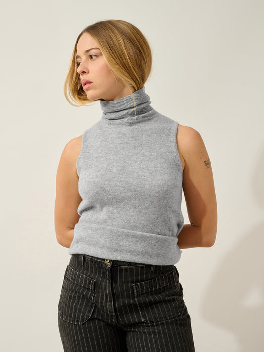 CAPUCIN pull col roulé sans manches nuage chiné 100% cachemire