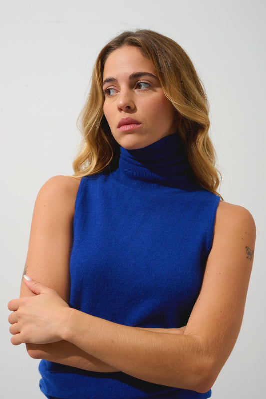 CAPUCIN ärmelloser Rollkragenpullover ultramarin 100% Kaschmir