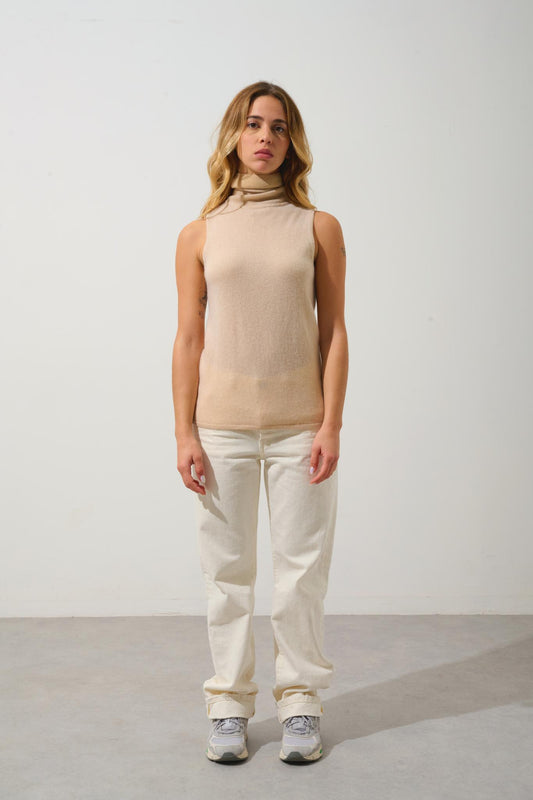 CAPUCIN sleeveless turtleneck sweater sand 100% cashmere