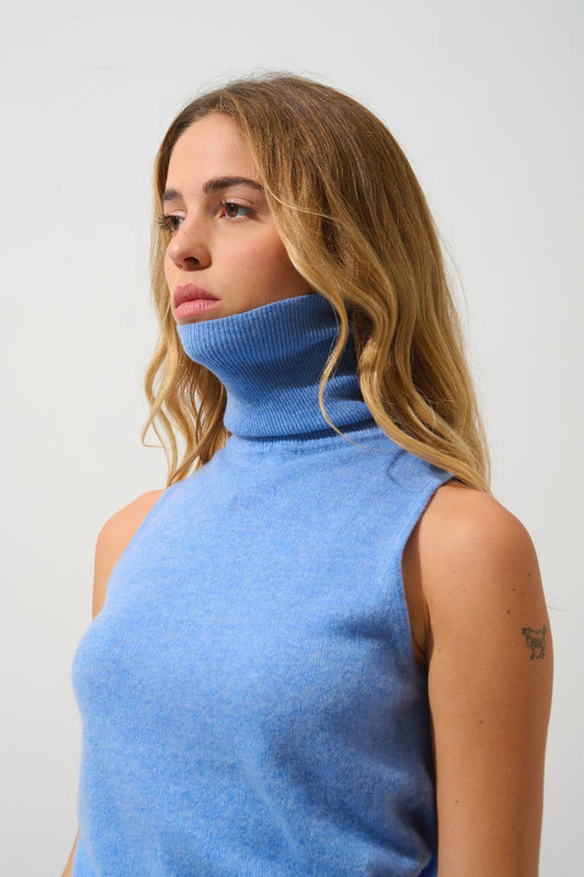 CAPUCIN ärmelloser Rollkragenpullover sky 100% Kaschmir